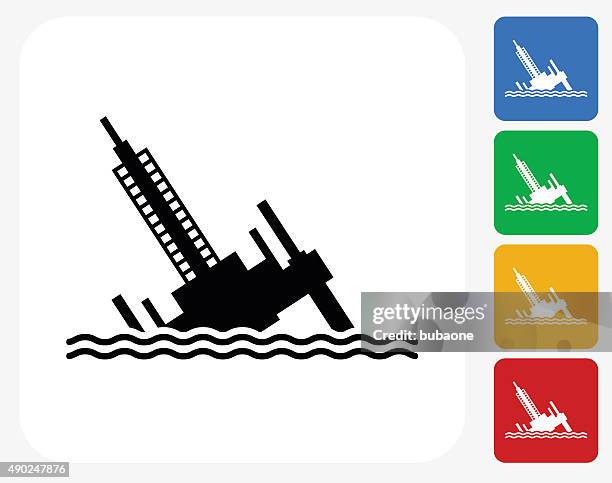 collapsed oil rig icon flat graphic design - well drilling stock illustrations