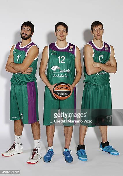 Daniel Diaz, #11 of Unicaja Malaga, Carlos Suarez, #12 and Fran Vazquez, #17 poses during 2015/2016 Turkish Airlines Euroleague Basketball Media Day...