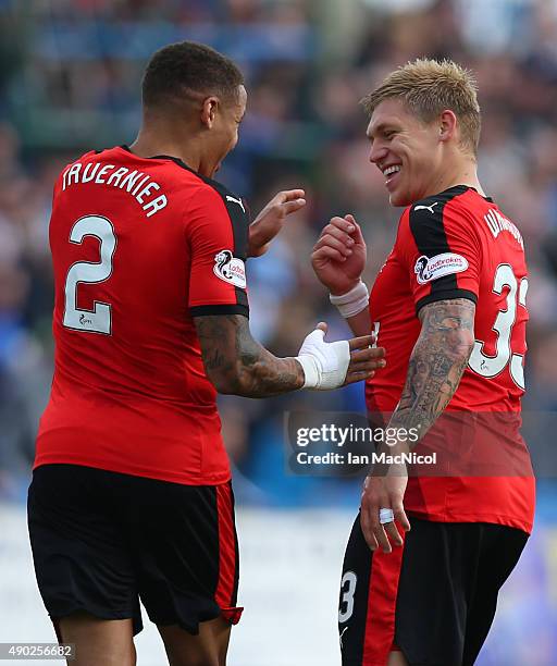 James Tavernier of Rangers celebrates after he scores Rangers third goal with team mate Martyn Waghorn of Rangers during the Scottish Championships...