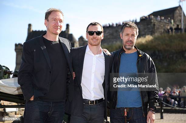 Michael Fassbender, Paddy Considine and David Thewlis attend a photocall for "Macbeth" at Edinburgh Castle on September 27, 2015 in Edinburgh,...