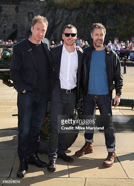Michael Fassbender, Paddy Considine and David Thewlis attend a photocall for "Macbeth" at Edinburgh Castle on September 27, 2015 in Edinburgh,...