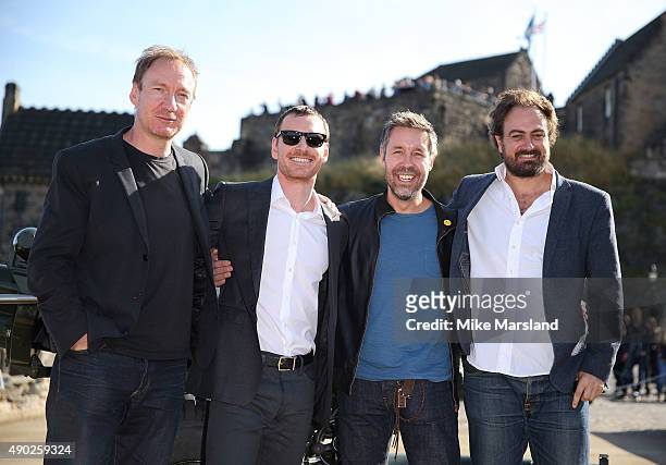 Michael Fassbender, Paddy Considine, David Thewlis and Justin Kurzel attend a photocall for "Macbeth" at Edinburgh Castle on September 27, 2015 in...