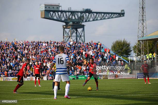 James Tavernier of Rangers prepares to take a free kick with the Titan Crane in the back ground during the Scottish Championships match between...