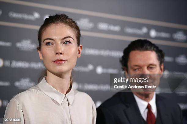 Actress Nora von Waldstaetten and director Martin Suter attend the 'Die Dunkle Seite Des Mondes' Press Conference during the Zurich Film Festival on...