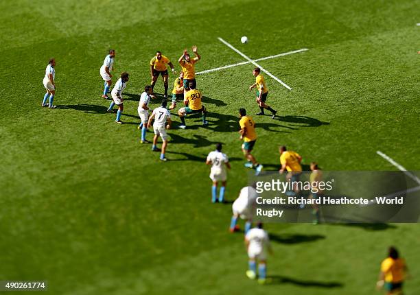 The teams contest a lineout during the 2015 Rugby World Cup Pool A match between Australia and Uruguay at Villa Park on September 27, 2015 in...
