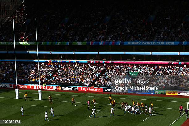 General view as Uruguay attack during the 2015 Rugby World Cup Pool A match between Australia and Uruguay at Villa Park on September 27, 2015 in...