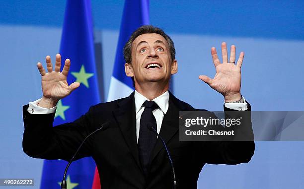 Head of French right-wing party 'Les Republicains' and former President Nicolas Sarkozy delivers a speech during a campaign meeting of the 'Les...