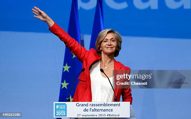 Valerie Pecresse, 'Les Republicains' party's candidate gestures during a campaign meeting on September 27, 2015 in Nogent-sur-Marne, France. Valerie...