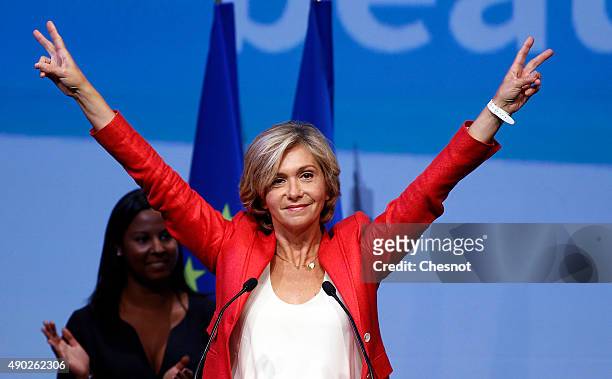Valerie Pecresse, 'Les Republicains' party's candidate gestures during a campaign meeting on September 27, 2015 in Nogent-sur-Marne, France. Valerie...