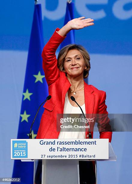 Valerie Pecresse, 'Les Republicains' party's candidate gestures during a campaign meeting on September 27, 2015 in Nogent-sur-Marne, France. Valerie...