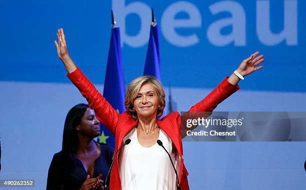 Valerie Pecresse, 'Les Republicains' party's candidate gestures during a campaign meeting on September 27, 2015 in Nogent-sur-Marne, France. Valerie...