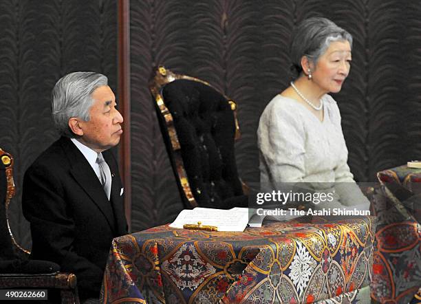 Emperor Akihito, Empress Michiko and royal family members attend the 'Kosho-Hajime-no-Gi' or first lecture of the year ceremony, at the Imperial...