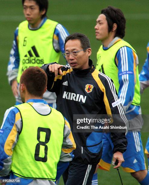 Japan head coach Takeshi Okada instructs his players during a training session on January 15, 2008 in Ibusuki, Kagoshima, Japan.