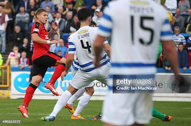 Martyn Waghorn of Rangers scores his third goal during the Scottish Championships match between Greenock Morton FC and Rangers at Cappielow Park on...
