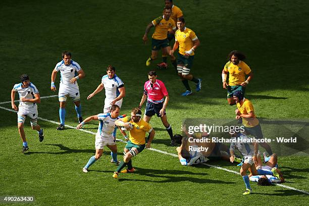 Ben McCalman of Australia attempts to break through during the 2015 Rugby World Cup Pool A match between Australia and Uruguay at Villa Park on...