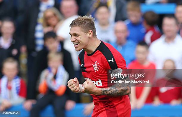 Martyn Waghorn of Rangers celebrates his hat trick with the match ball during the Scottish Championships match between Greenock Morton FC and Rangers...
