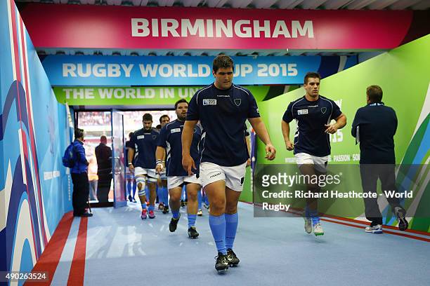 Uruguay players walk down the tunnel following warm ups prior to the 2015 Rugby World Cup Pool A match between Australia and Uruguay at Villa Park on...