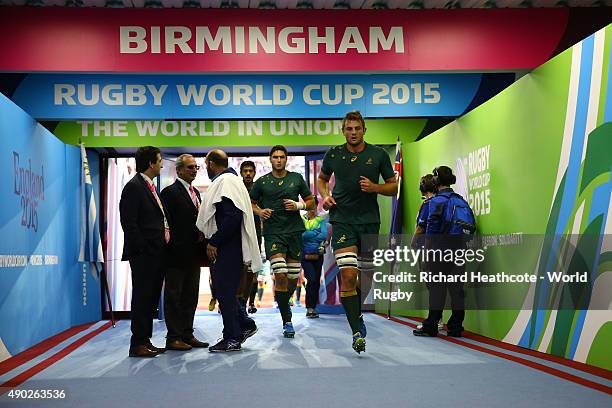 Australia players run down the tunnel following warms up prior to the 2015 Rugby World Cup Pool A match between Australia and Uruguay at Villa Park...