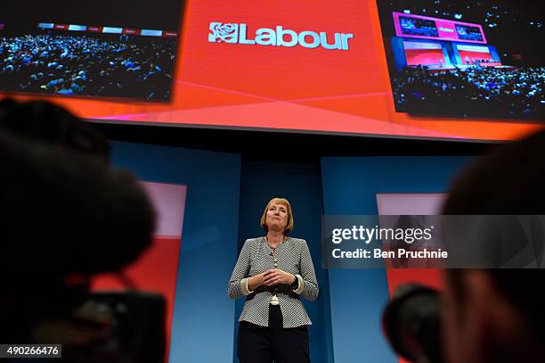 Harriet Harman talks to delegates during her tribute on the first day of the Labour Party Autumn Conference on September 27, 2015 in Brighton,...