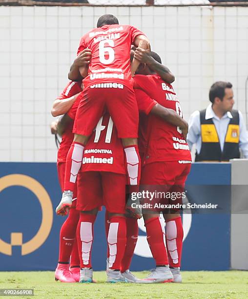 Valdivia of Internacional celebrates their first goal during the match between Santos and Internacional for the Brazilian Series A 2015 at Vila...