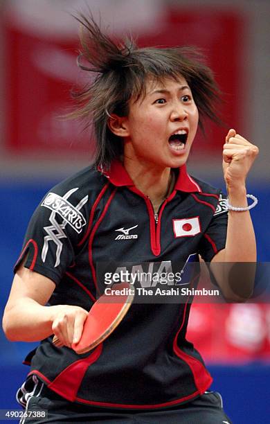 Sayaka Hirano of Japan celebrates a point during her match against Georgina Pota of Hungary during the Women's Team Quarter final match between Japan...