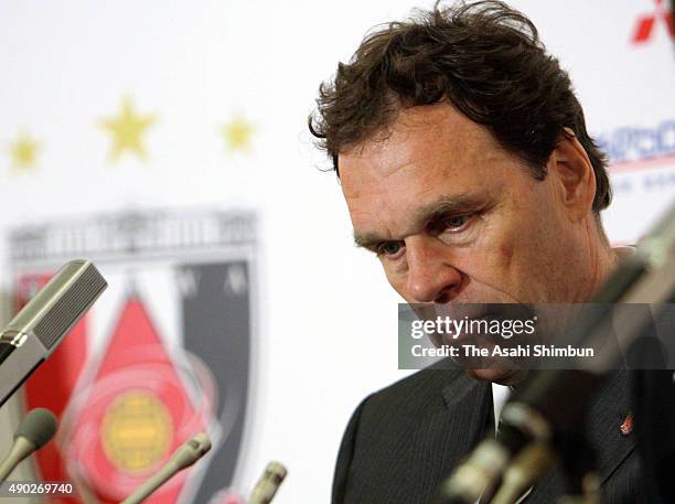 Urawa Red Diamonds head coach Holger Osieck attends a press conference after the J.league match between Urawa Red Diamonds and Nagoya Grampus at...