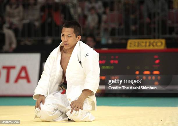 Tadahiro Nomura reacts after defeated by Daisuke Asano in the Men's -60kg semifinal during day one of the All Japan Judo Championships by Weight...