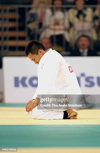 Tadahiro Nomura reacts after defeated by Daisuke Asano in the Men's -60kg semifinal during day one of the All Japan Judo Championships by Weight...