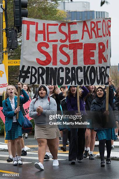 Two hundred and seventy Wellington school girls protest against the abduction of Nigerian schoolgirls as they march to Parliament grounds on May 14,...