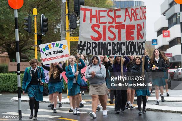 Two hundred and seventy Wellington school girls protest against the abduction of Nigerian schoolgirls as they march to Parliament grounds on May 14,...
