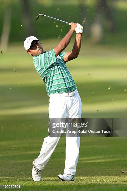 Anirban Lahiri of India plays a shot during practice ahead of the ICTSI Philippine Open at Wack Wack Golf and Country Club on May 14, 2014 in Manila,...