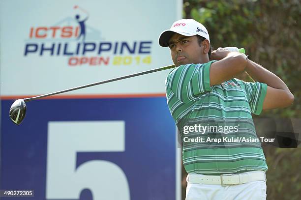 Anirban Lahiri of India plays a shot during practice ahead of the ICTSI Philippine Open at Wack Wack Golf and Country Club on May 14, 2014 in Manila,...