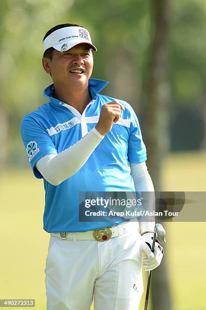 Lin Wen Tang of Chinese Taipei looks on during practice ahead of the ICTSI Philippine Open at Wack Wack Golf and Country Club on May 14, 2014 in...