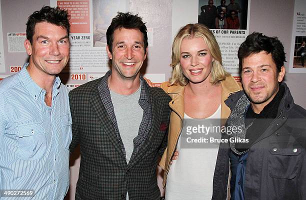 Jerry O'Connell, Noah Wyle, Rebecca Romijn and Christian Kane pose backstage at the New York premiere of "American Hero" at Second Stage Theatre...