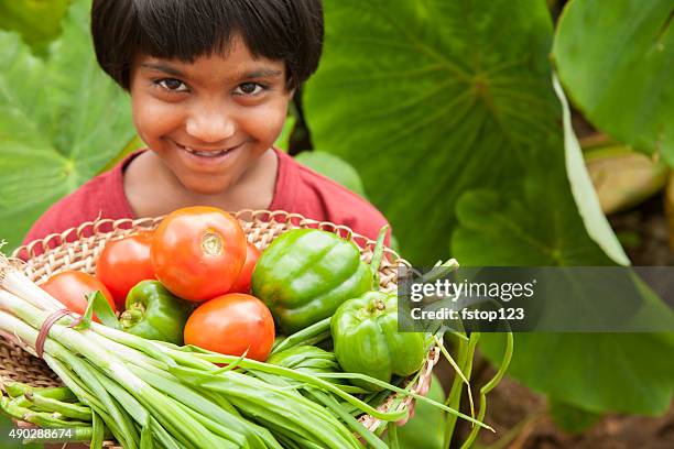 child proudly harvests vegetables from community garden. - world earth day in india stock pictures, royalty-free photos & images