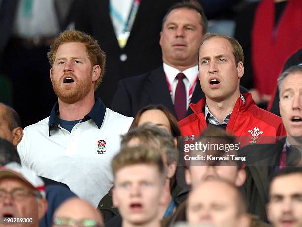 Prince Harry and Prince William, Duke of Cambridge attend the England v Wales match during the Rugby World Cup 2015 on September 26, 2015 at...