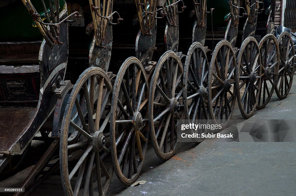 Hand-pulled rickshaws at kolkata,West Bengal,India