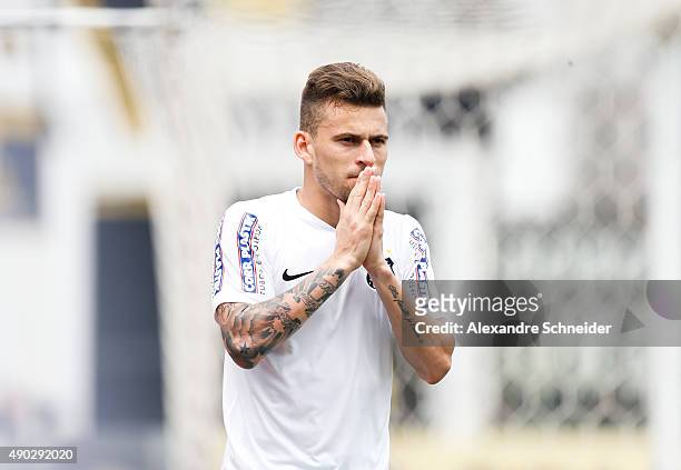 Lucas Lima of Santos reacts during the match between Santos and Internacional for the Brazilian Series A 2015 at Vila Belmiro stadium on September...