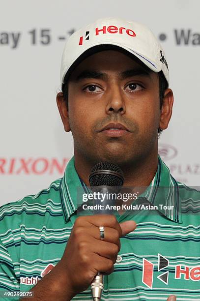 Anirban Lahiri of India talks during the press conference ahead of the ICTSI Philippine Open at Wack Wack Golf and Country Club on May 14, 2014 in...