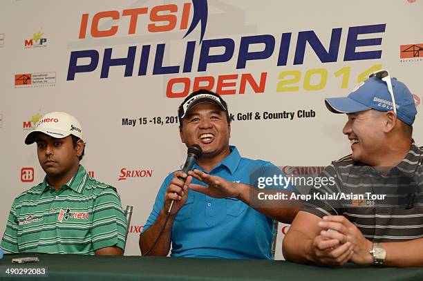 Anirban Lahiri of India , Mardan Mamat of Singapore and Angelo Que of Philipiines talk during the press conference ahead of the ICTSI Philippine Open...