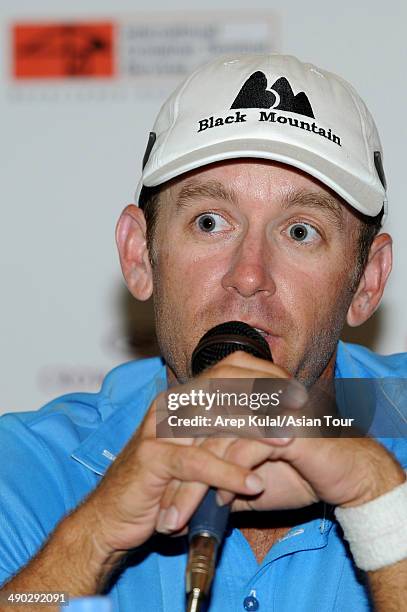 Berry Henson of USA talks during the press conference ahead of the ICTSI Philippine Open at Wack Wack Golf and Country Club on May 14, 2014 in...