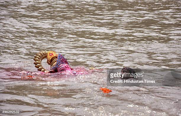 Devotee immerse a statue of the Hindu God Ganesha in Yamuna River on the last day of the Ganesh Chaturthi festival at Ghaziabad on September 27, 2015...