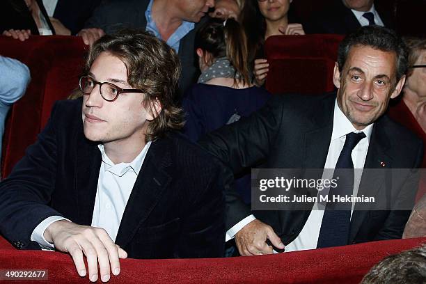 Former French President Nicolas Sarkozy and his son Jean attend the Carla Bruni concert at Casino de Paris on May 13, 2014 in Paris, France.