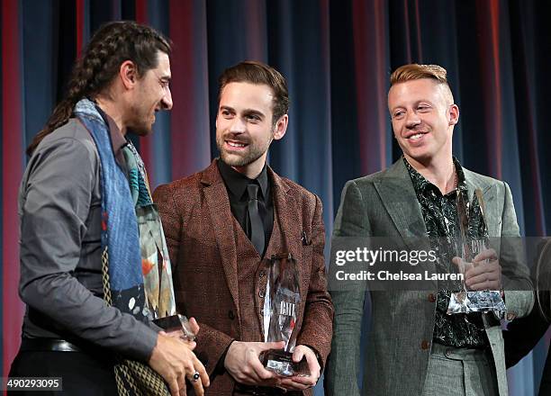 Songwriter of the Year Award winners Jeff Bhasker, Ryan Lewis and Macklemore attend the 2014 BMI Pop Awards at the Beverly Wilshire Four Seasons...