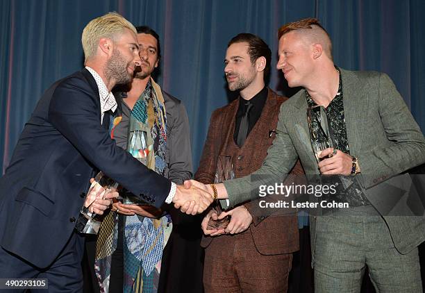 Songwriter of the Year Award winners Adam Levine, Jeff Bhasker, Ryan Lewis and Macklemore attend the 2014 BMI Pop Awards at the Beverly Wilshire Four...