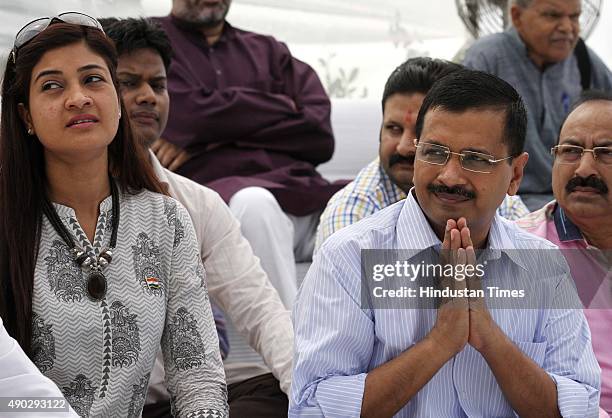 Delhi Chief Minister Arvind Kejriwal and Alka Lamba, MLA, Chandni Chowk, after paying tribute to the first Speaker of Central Legislative Assembly...