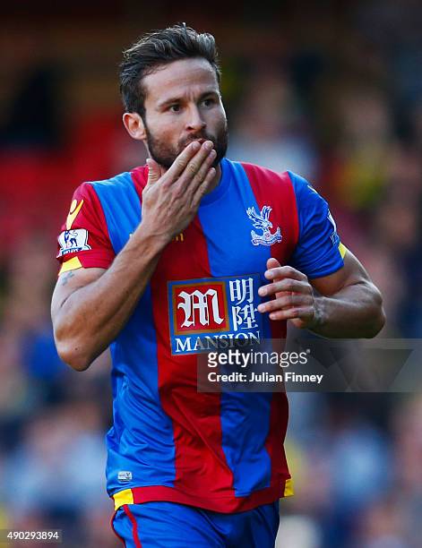Yohan Cabaye of Crystal Palace celebrates as he scores their first goal from a penalty during the Barclays Premier League match between Watford and...