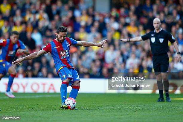 Yohan Cabaye of Crystal Palace scores a penalty to make it 1-0 during the Barclays Premier League match between Watford and Crystal Palace at...