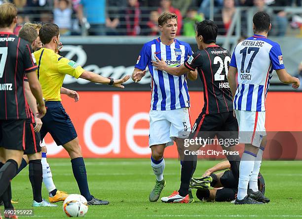 Niklas Starke of Hertha BSC and Makoto Hasebe of Eintracht Frankfurt during the game between Eintracht Frankfurt and Hertha BSC on September 27, 2015...