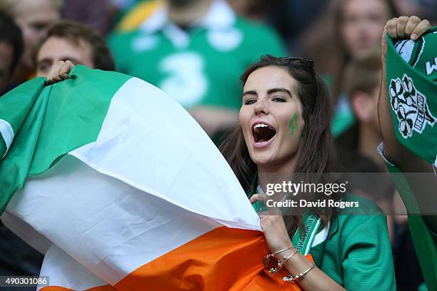 An Ireland fan show their support during the 2015 Rugby World Cup Pool D match between Ireland and Romania at Wembley Stadium on September 27, 2015...